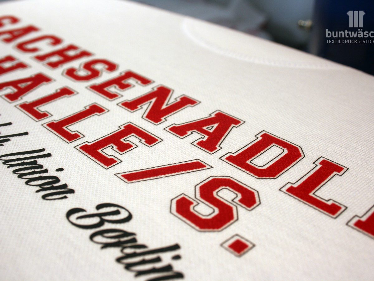 Roter Collegeschriftzug Sachsenadler Halle/S. auf weißem Textil